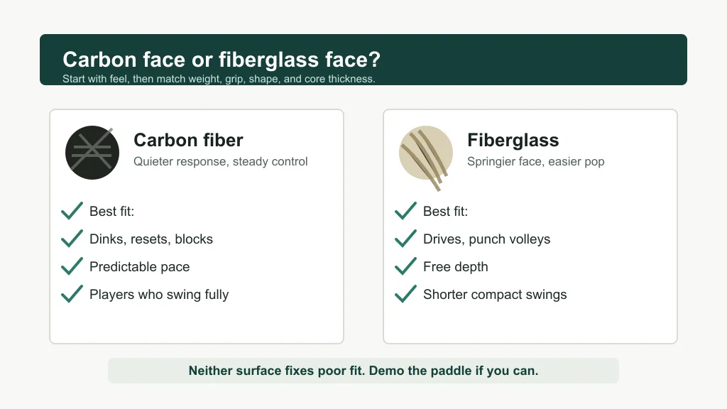 Comparison graphic showing carbon fiber paddle control traits and fiberglass paddle power traits