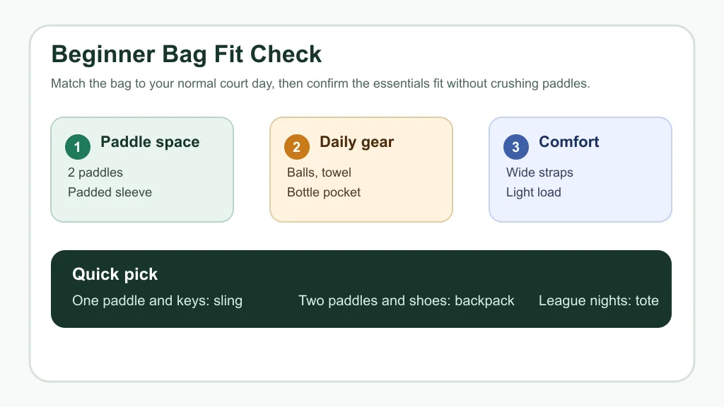 Checklist showing beginner pickleball bag features for paddle space, daily gear, and comfort