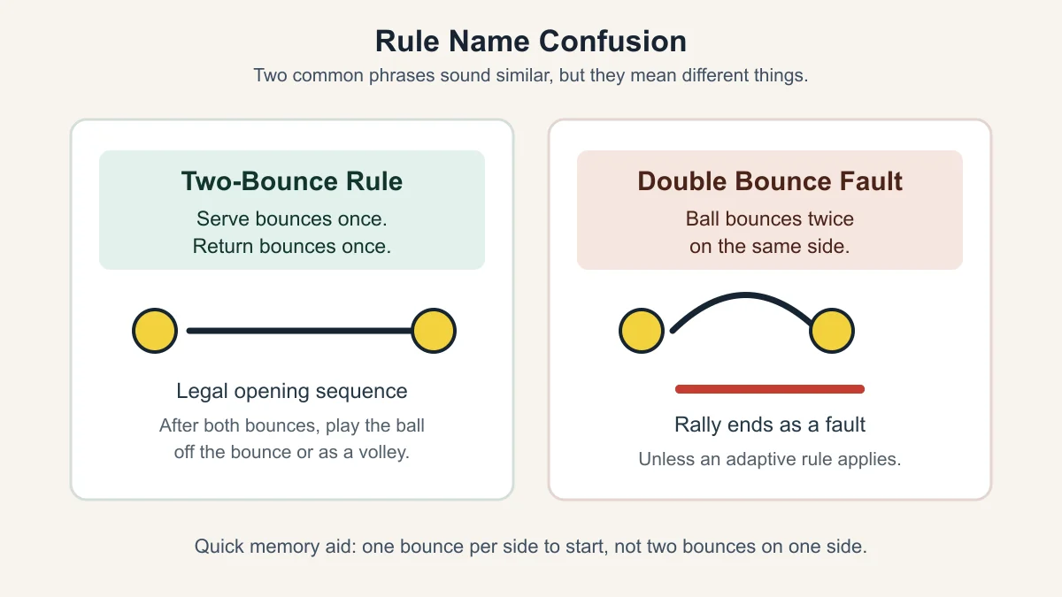 Comparison of the legal two-bounce rule and a double-bounce fault in pickleball