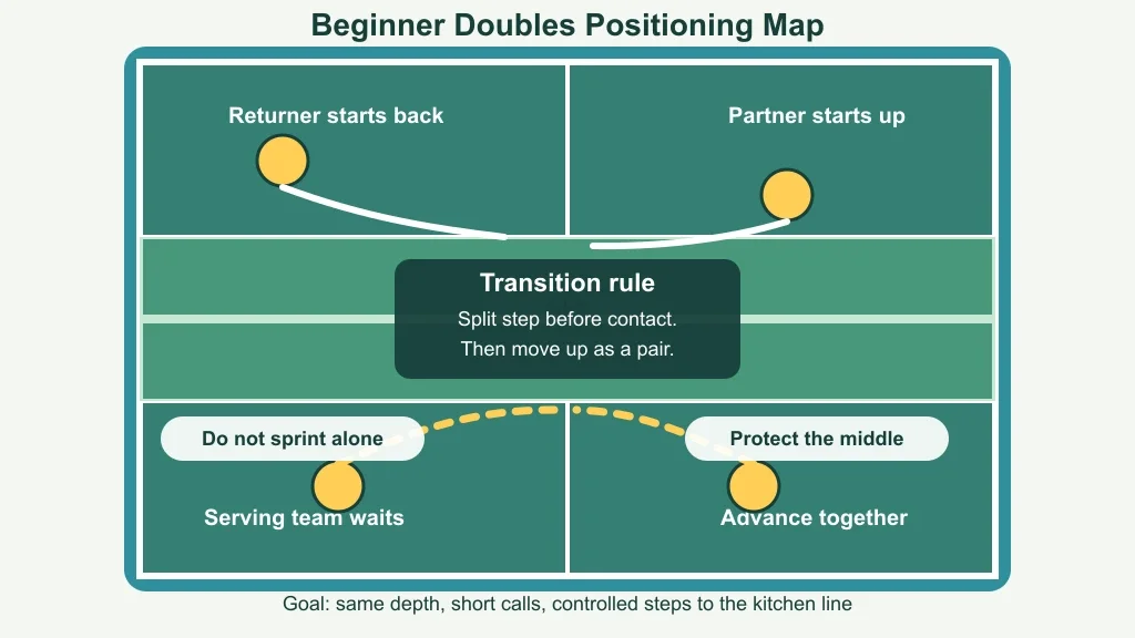 Court map showing beginner doubles positioning and transition movement in pickleball