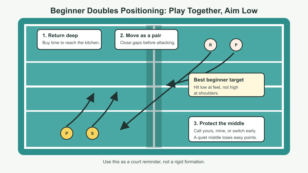 Beginner doubles pickleball court map showing return depth, paired movement, middle coverage, and low targets