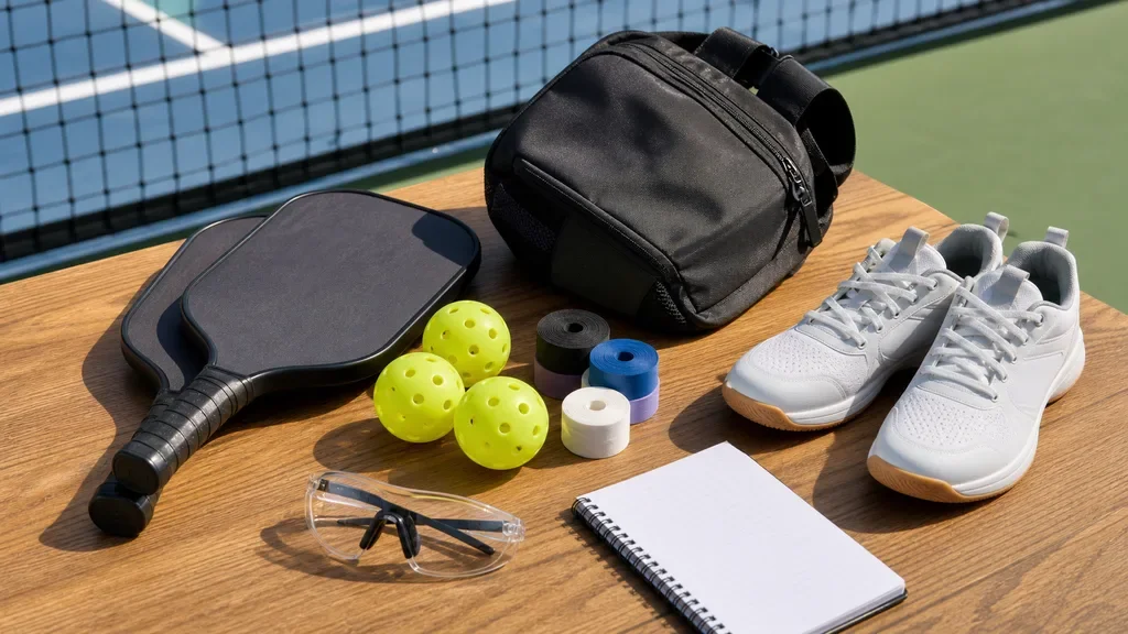Pickleball gift options arranged on a court table with paddles, balls, bag, shoes, grip tape, eyewear, and a notebook