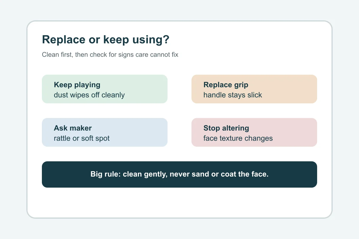 Checklist showing when to keep using, replace grip, ask maker, or stop altering a paddle