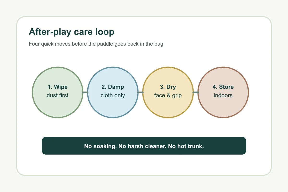 Four-step after-play paddle care loop: wipe, damp cloth, dry, store
