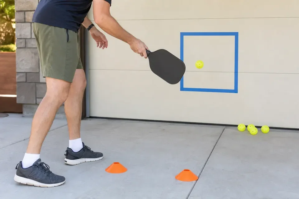 Beginner pickleball wall drill setup with taped target and footwork cones