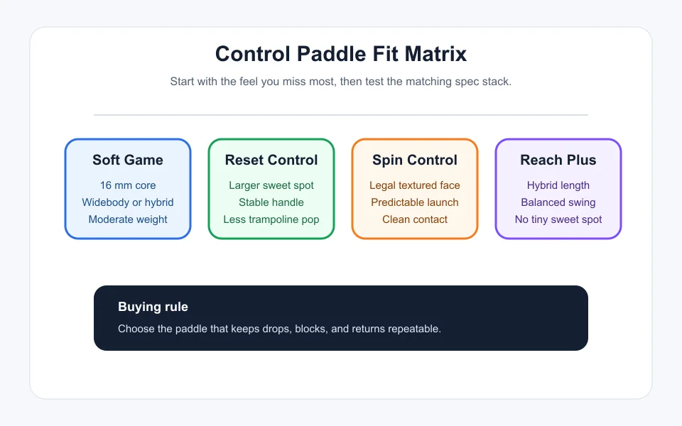 Control paddle fit matrix comparing soft game, reset control, spin control, and reach