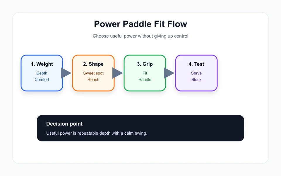 Power beginner pickleball paddle selection flow by weight, shape, and control