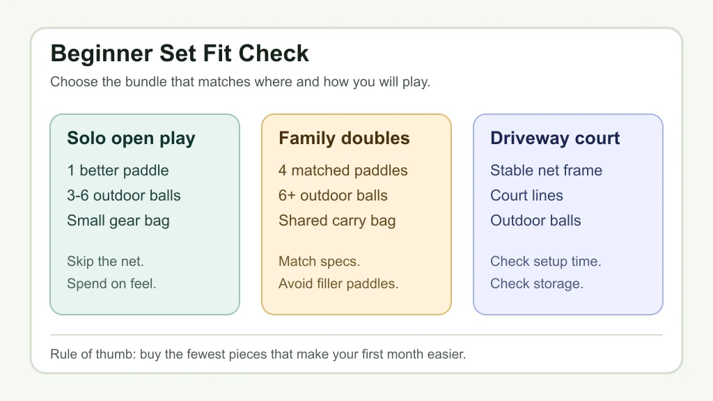 Beginner pickleball set fit check comparing solo open play, family doubles, and driveway court bundles