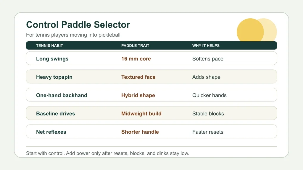 Control paddle selector matching tennis habits to pickleball paddle traits