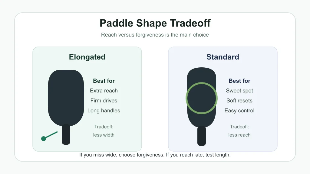 Comparison graphic showing elongated paddles favor reach and standard paddles favor sweet spot control.