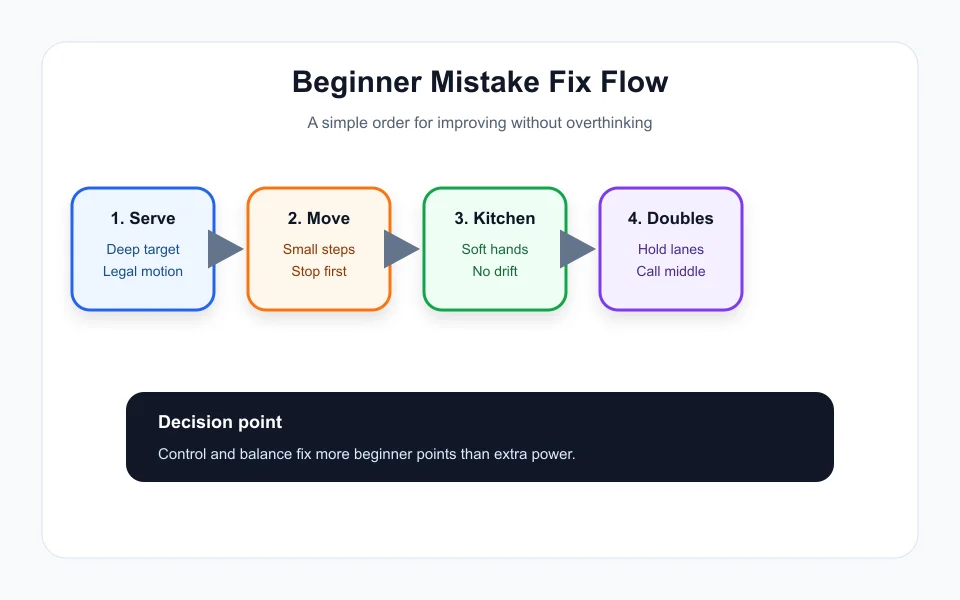 Pickleball beginner mistakes correction flow from serve to kitchen control