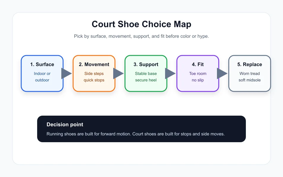 Court shoe decision path for pickleball players comparing tennis and pickleball shoes