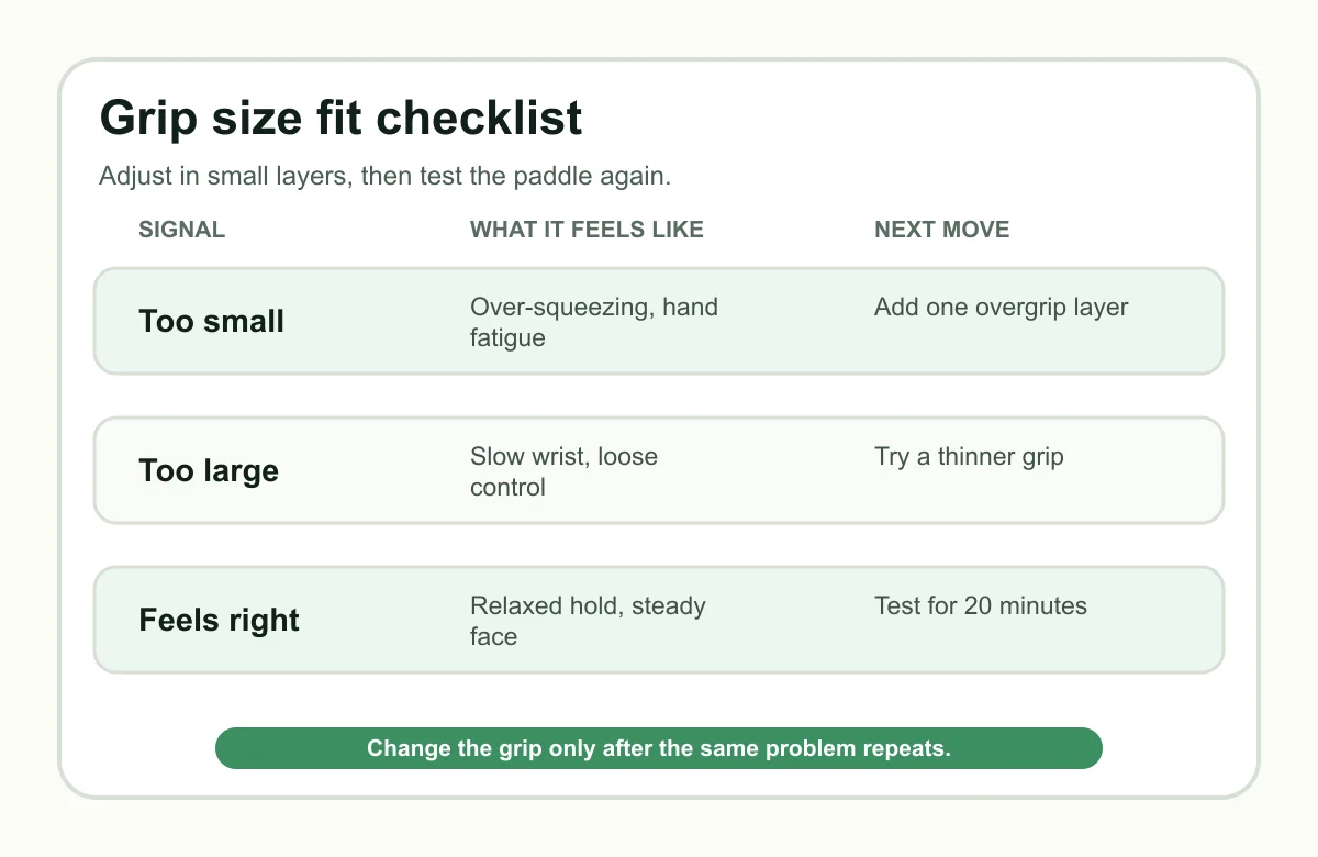 Checklist explaining signs of too small, too large, and correct pickleball paddle grip fit
