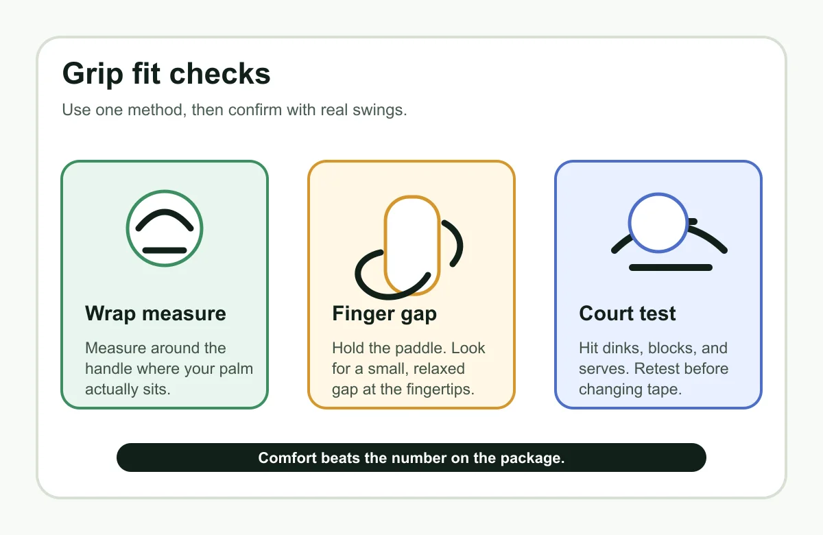 Diagram showing wrap measure, finger gap, and court test checks for pickleball grip fit