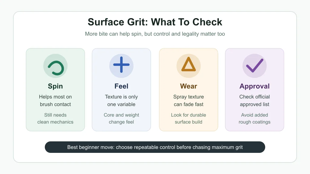 Checklist graphic showing how pickleball paddle surface grit affects spin, feel, wear, and approval.