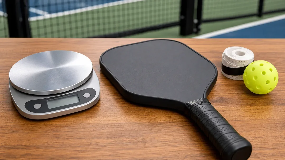 Pickleball paddle beside a scale and overgrip for comparing paddle weight and fit