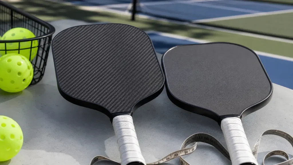 Two textured pickleball paddle faces and grips compared beside a court