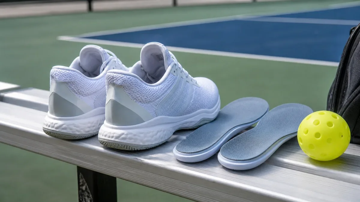 Pickleball court shoes with removable insoles and a ball on a court bench